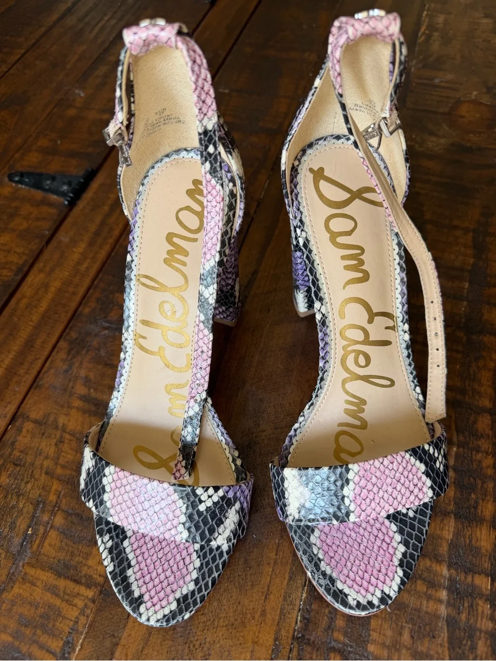 Sam Edelman YARO Pink and Black Snake-Print Ankle-Strap Block Heels
